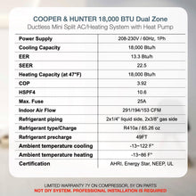Cooper & Hunter 18,000 BTU Dual 2 Zone 12,000 + 12,000 BTU Wall Mount Ductless Mini Split AC/Heating System, Pre-Charged, 22.5 SEER, Including 25FT Copper Line Set and Communication Wires