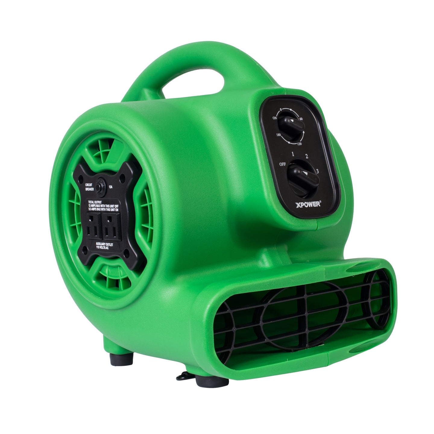 XPOWER P-230AT 1/4 HP 925 CFM Multi-Purpose Mini Mighty Air Mover, Utility Fan, Dryer, Blower with Built-in Power Outlets and Timer - Green