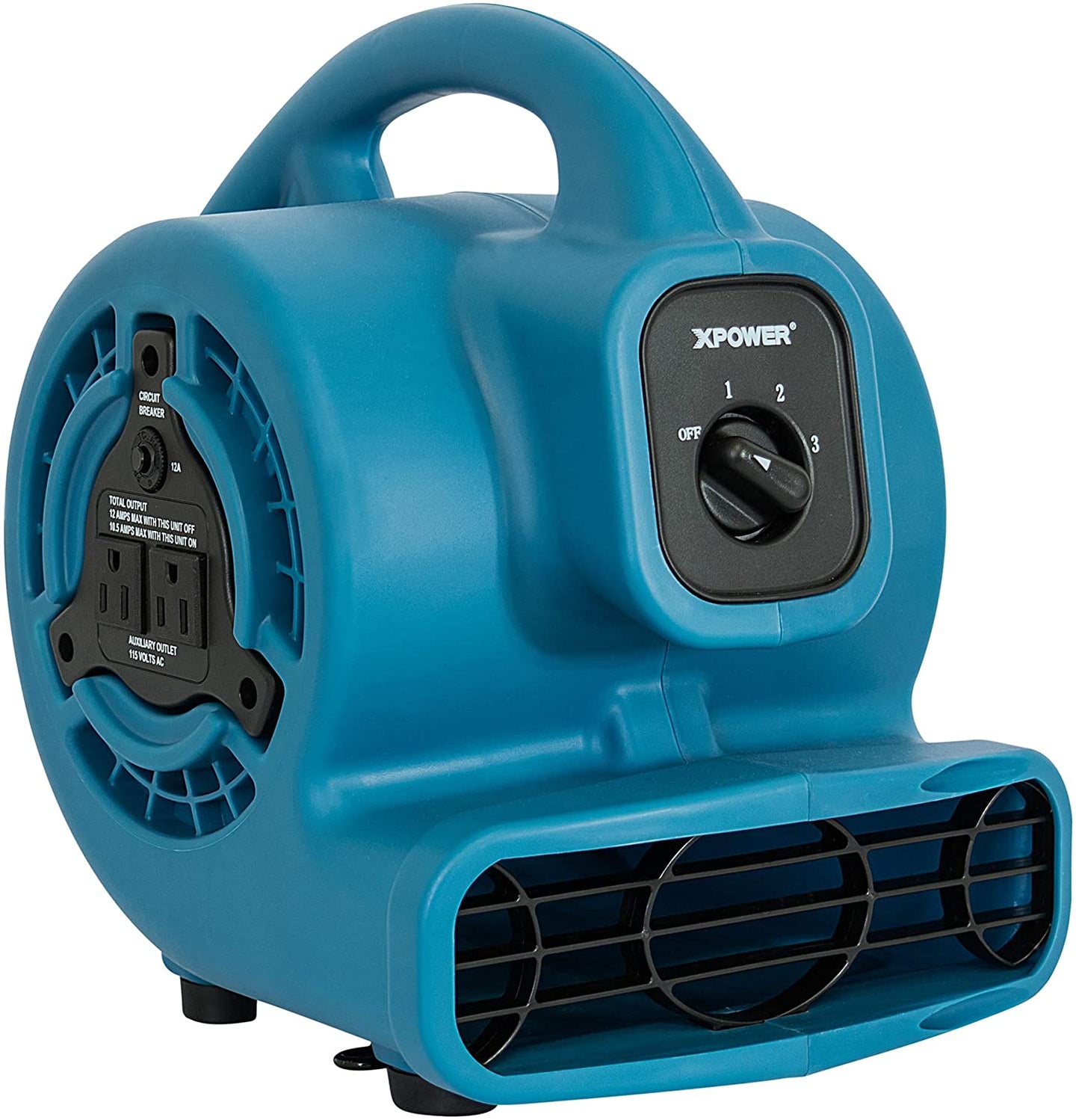 XPOWER P-80A 600 CFM Multi-Purpose Mini Mighty Air Mover, Utility Fan, Dryer, Blower with Built-in Power Outlets - Blue