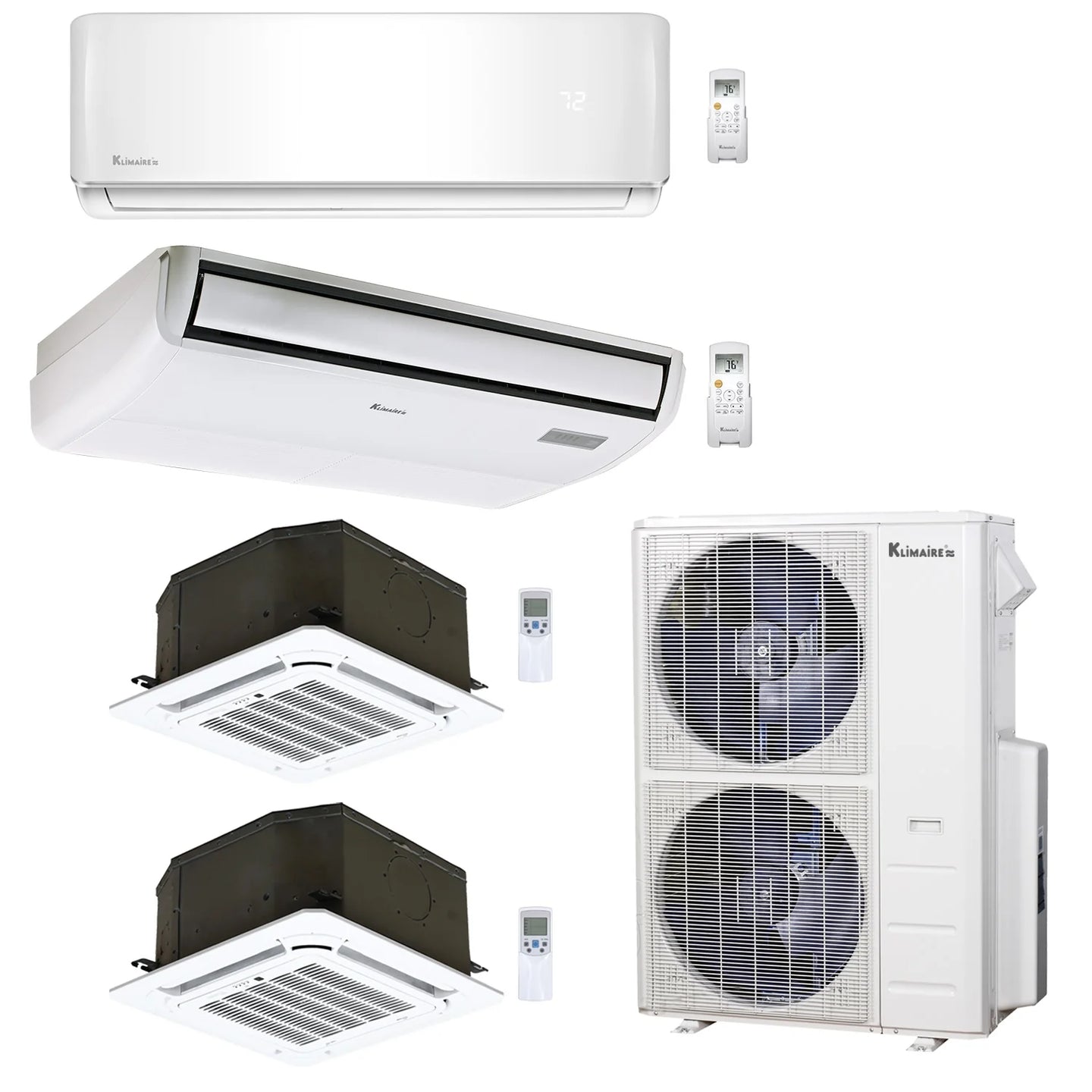 4-Zone Klimaire 23.9 SEER2 Multi Split Wall Mount Ceiling Cassette Floor-Ceiling Air Conditioner Heat Pump System 9+12+12+24