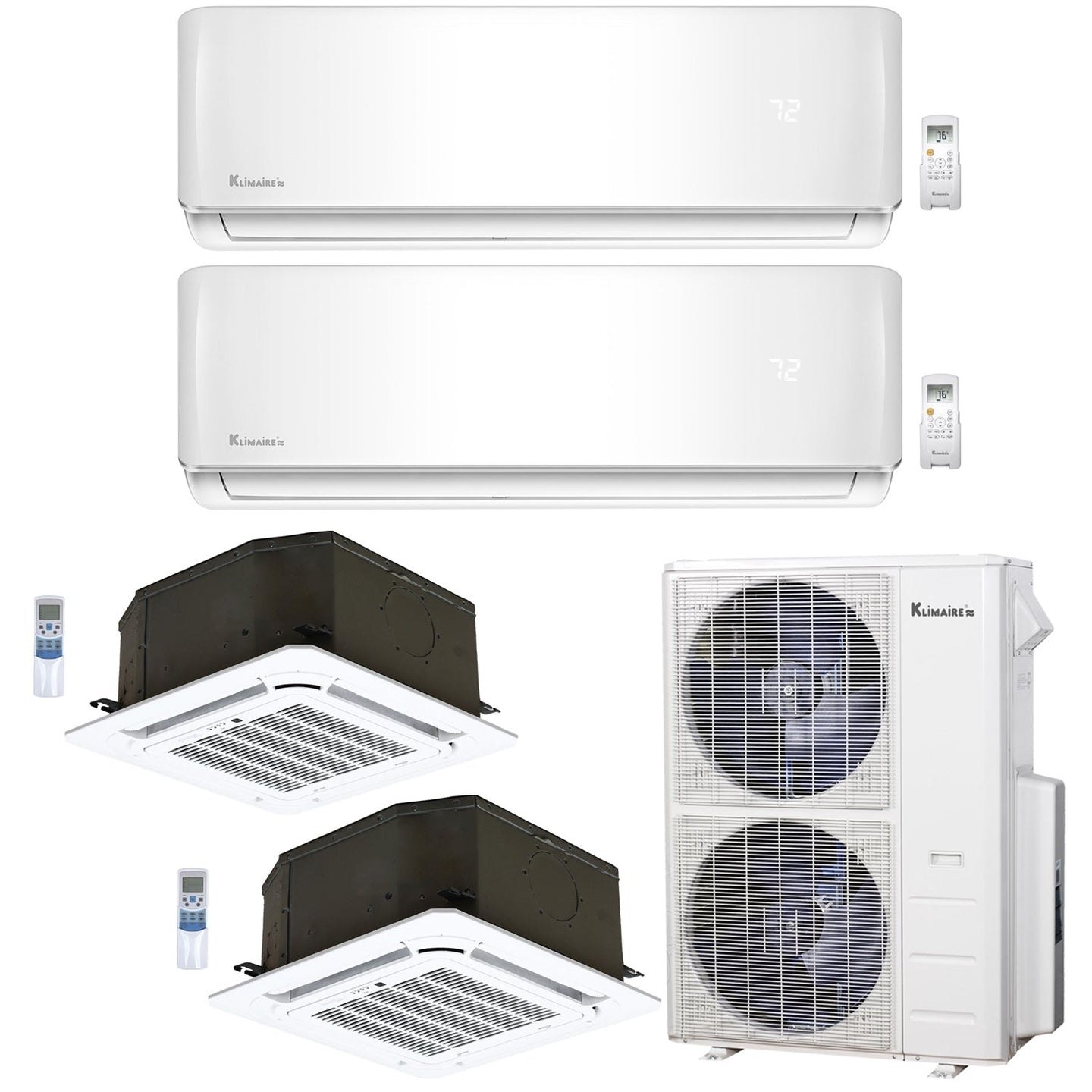 4-Zone Klimaire 23.9 SEER2 Multi Split Wall Mount Ceiling Cassette Air Conditioner Heat Pump System 9+12+12+24