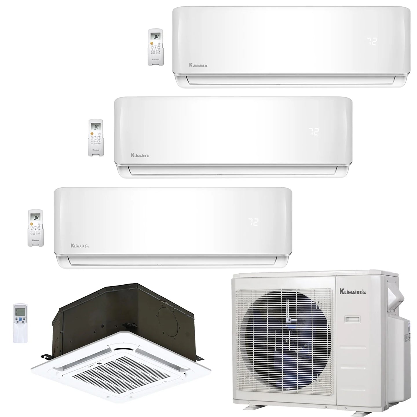 4-Zone Klimaire 23.9 SEER2 Multi Split Wall Mount Ceiling Cassette Air Conditioner Heat Pump System 9+9+9+18