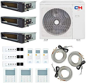 Tri 3 Zone 9,000 + 9,000 + 18,000 BTU Concealed Duct Mini Split Air Conditioner and Heat Pump Full Set with 25ft Installation Kits