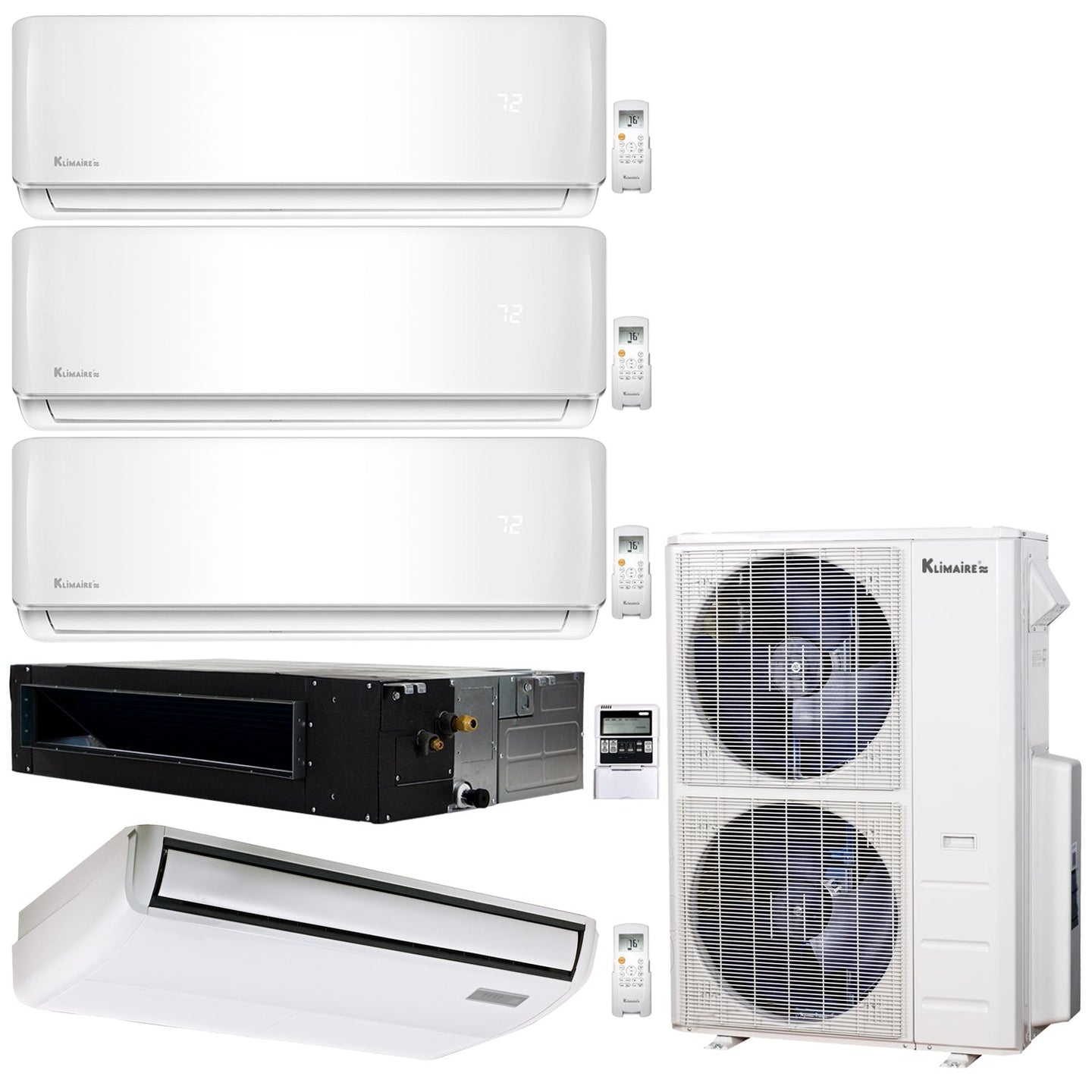 5-Zone Klimaire 20.1 SEER2 Multi Split Wall Mount Ducted Recessed Floor-ceiling Air Conditioner Heat Pump System 9+9+9+12+18