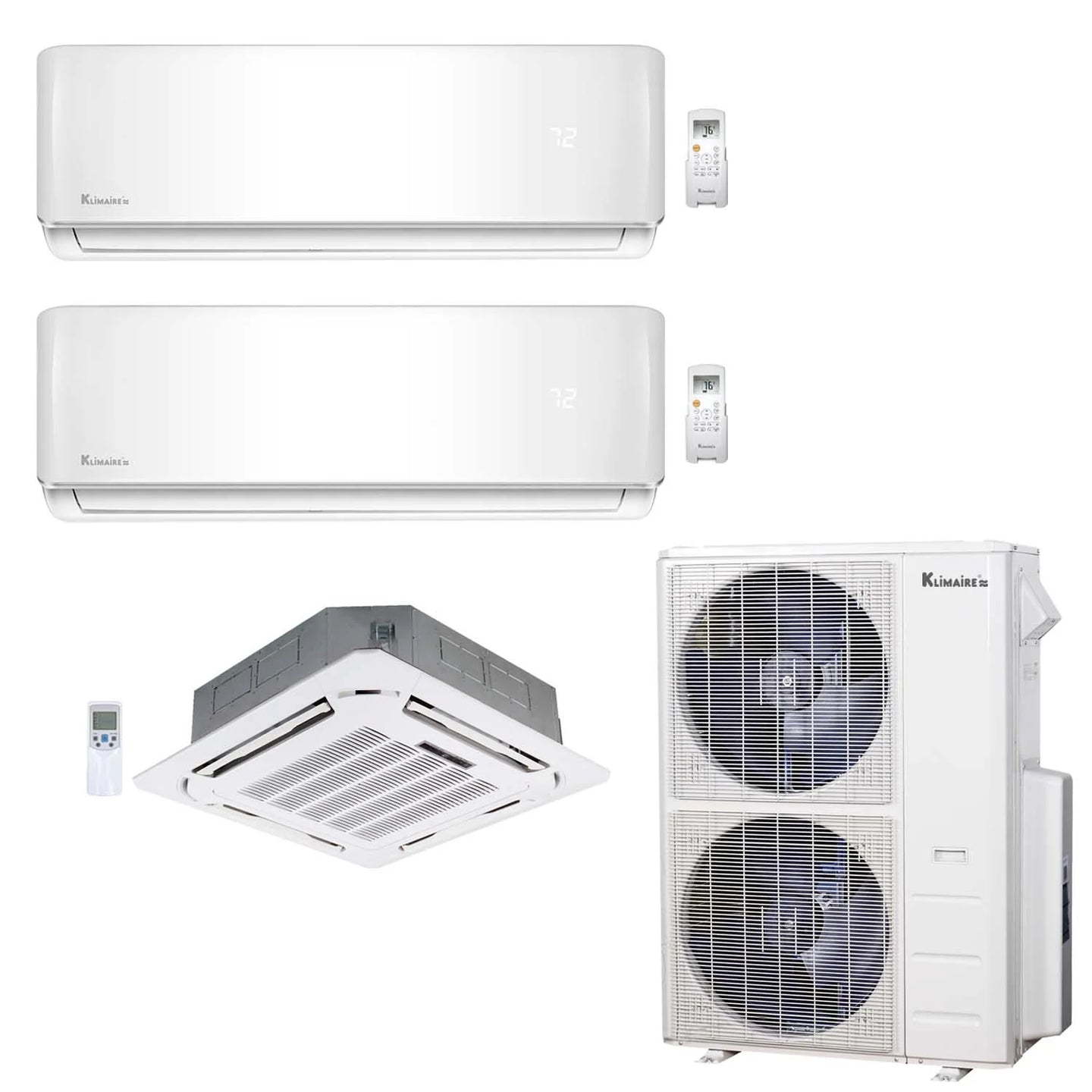 3-Zone Klimaire 23.9 SEER2 Multi Split Wall Mount Ceiling Cassette Air Conditioner Heat Pump System 18+18+24