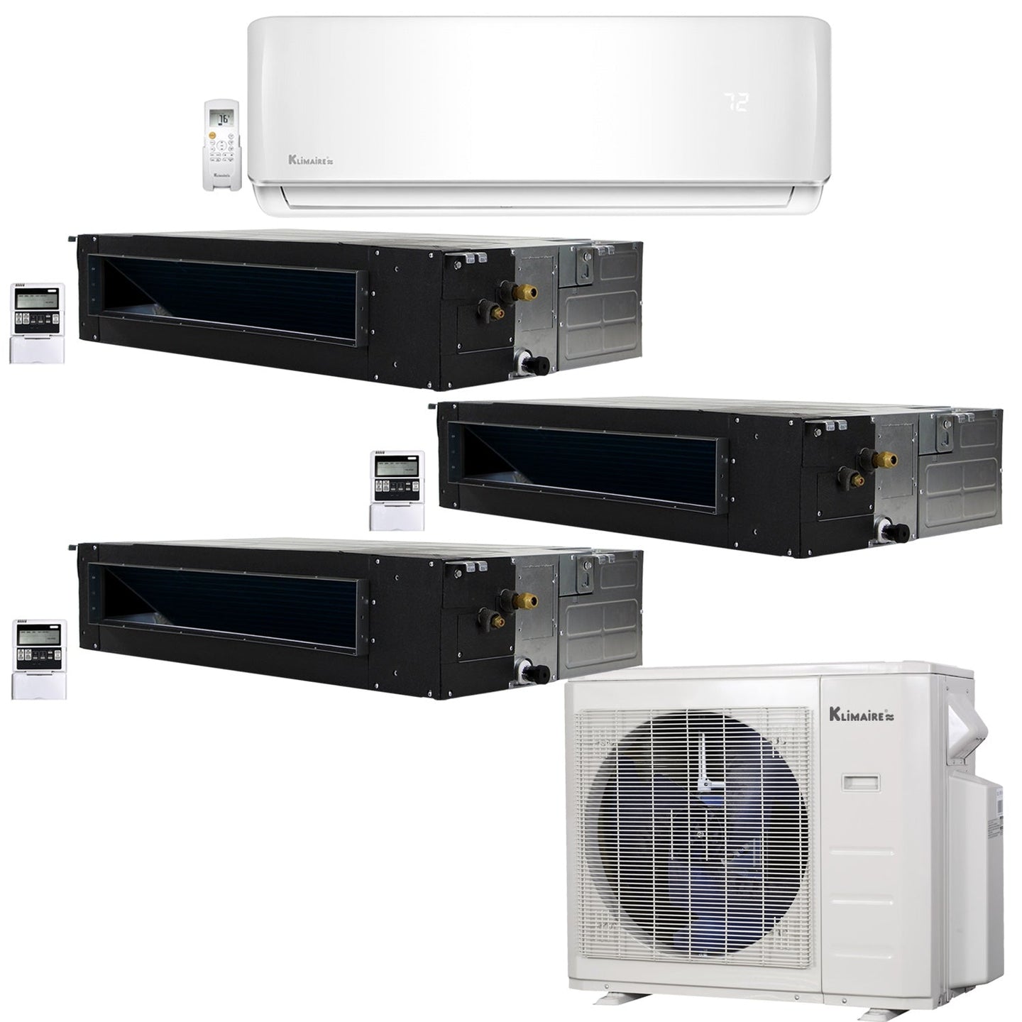 4-Zone Klimaire 21.9 SEER2 Multi Split Ducted Recessed Wall Mount Air Conditioner Heat Pump System 12+12+12+9