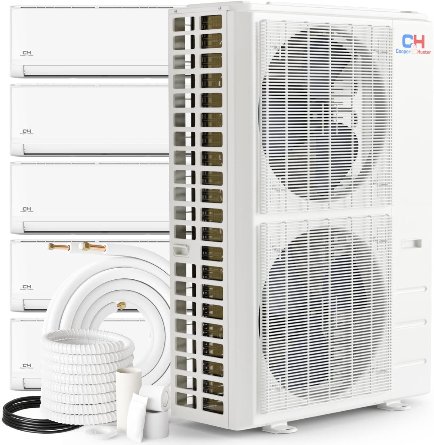 Cooper & Hunter 48,000 BTU OLIVIA Series Five 5 Zone 6000 + 6000 + 9000 + 12000 + 18000 BTU 22.4 SEER Multi Zone Ductless Mini Split Air Conditioner and Heater Full Set with 25ft Installation Kits