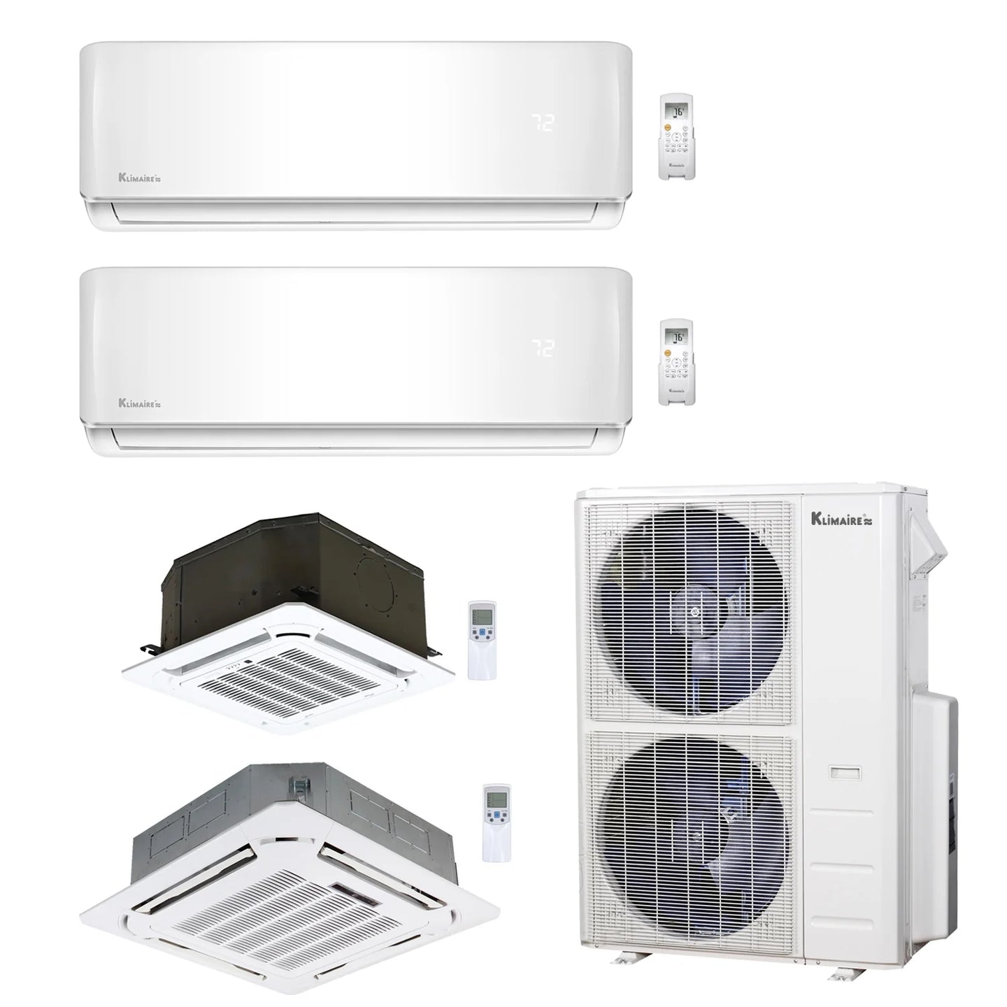 4-Zone Klimaire 23.9 SEER2 Multi Split Wall Mount Ceiling Cassette Air Conditioner Heat Pump System 9+12+12+24