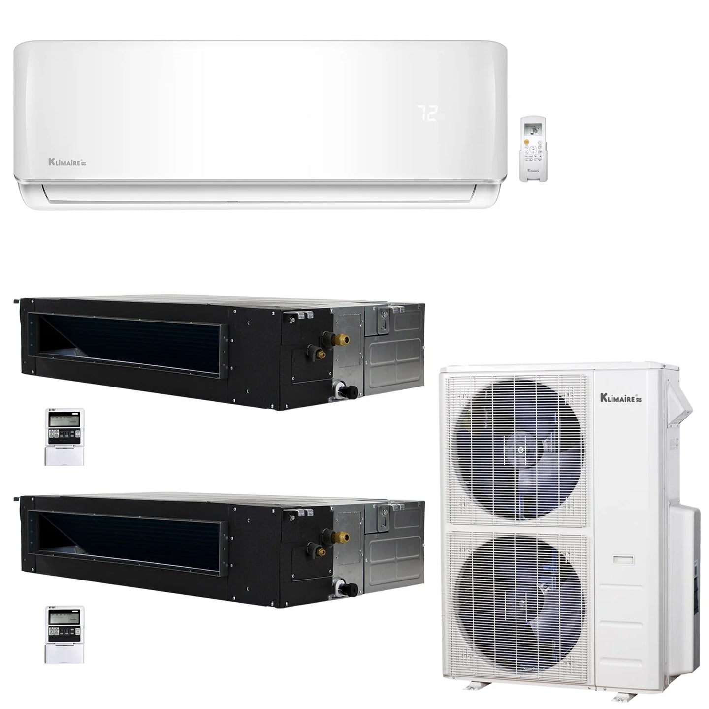 3-Zone Klimaire 21.9 SEER2 Multi Split Ducted Recessed Wall Mount Air Conditoner Heat Pump System 18+18+24