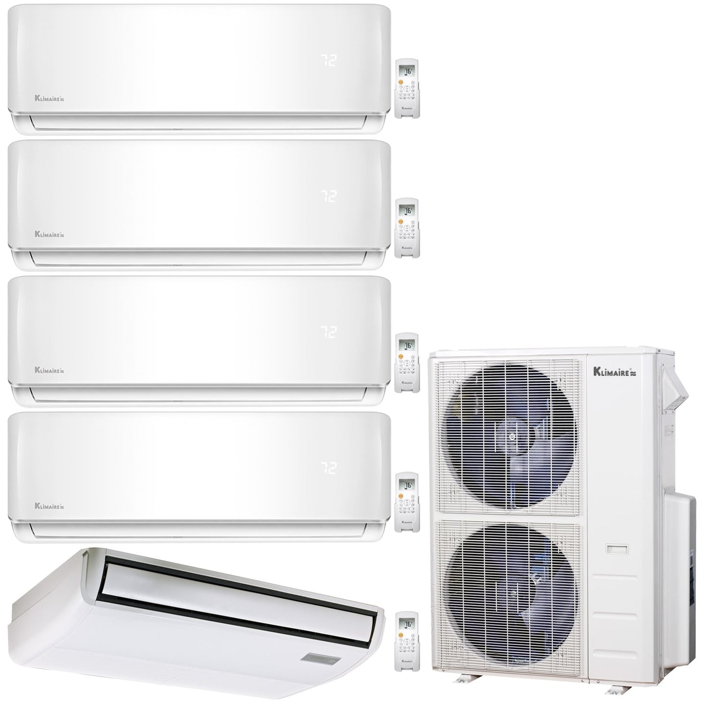 5-Zone Klimaire 21.3 SEER2 Multi Split Wall Mount Floor-Ceiling Air Conditioner Heat Pump System 9+9+9+9+18