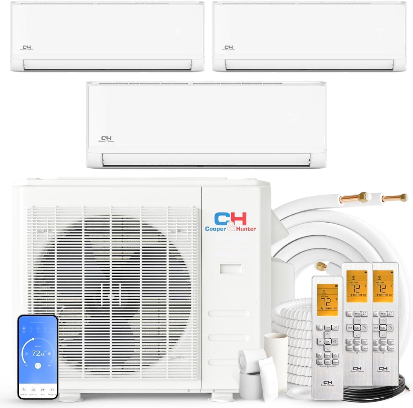 Cooper&Hunter 36,000 BTU, 3 Zone 9000 12000 18000 Ductless Mini Split Air Conditioner Air to Air Heat Pump System, 23.9 SEER2, Including 25ft Installation Kits
