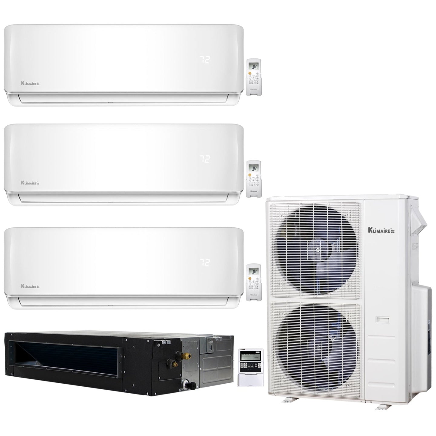4-Zone Klimaire 21.9 SEER2 Multi Split Wall Mount Ducted Recesssed Air Conditioner Heat Pump System 12+12+12+18