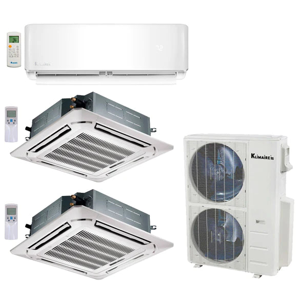 3-Zone Klimaire 23.9 SEER2 Multi Split Wall Mount Ceiling Cassette Air Conditioner Heat Pump System 12+24+24