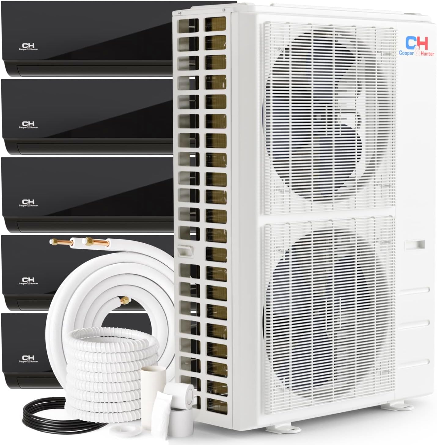 Cooper & Hunter 48,000 BTU Olivia Series, Midnight Edition, Five Zone 6000 + 6000 + 6000 + 6000 + 24000 BTU Wall Mount Air Handlers Ductless Mini Split A/C and Heater Including Installation Kits