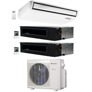 3-Zone Klimaire 21.9 SEER2 Multi Split Ducted Recessed Floor-Ceiling Air Conditioner Heat Pump System 12+12+18