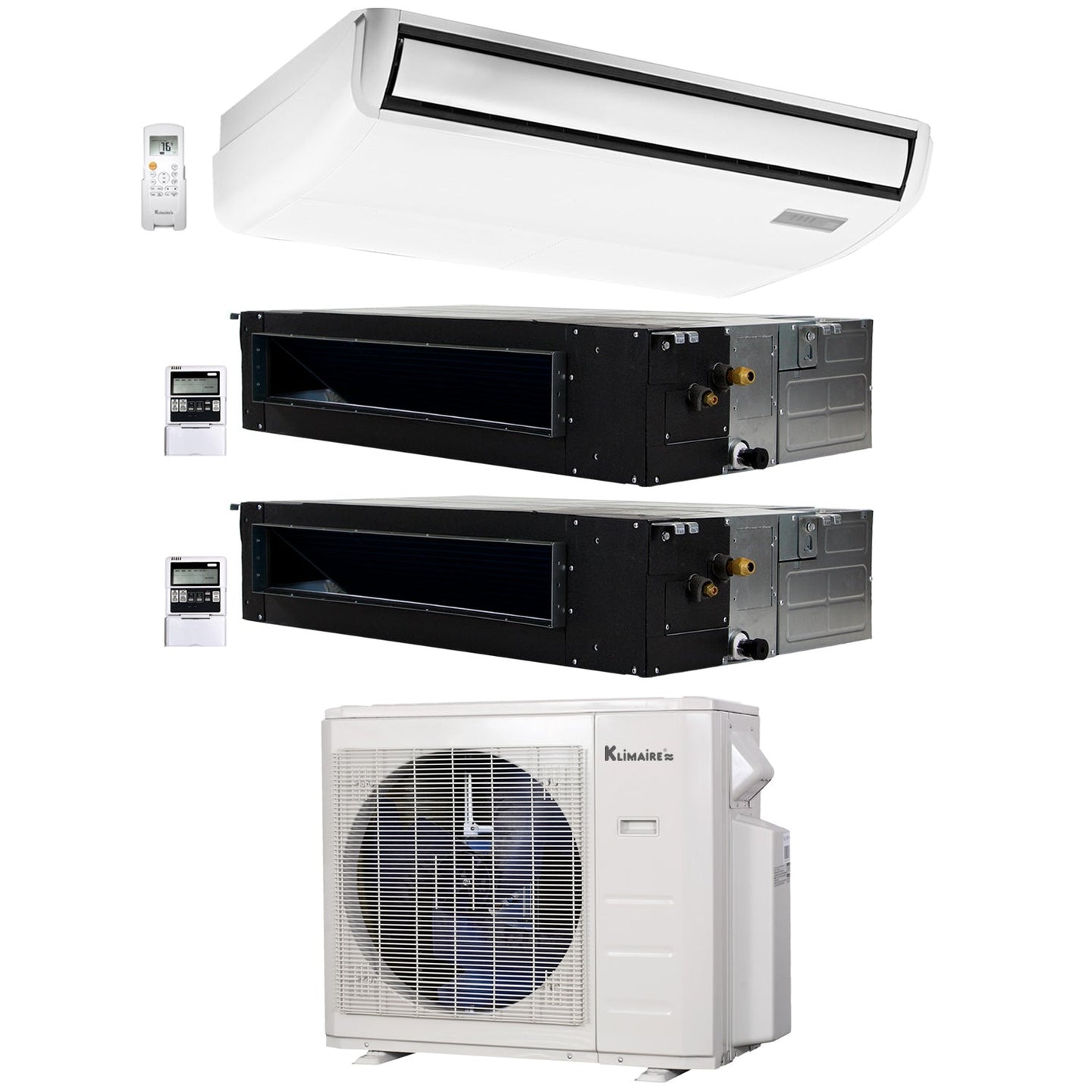 3-Zone Klimaire 21.9 SEER2 Multi Split Ducted Recessed Floor-Ceiling Air Conditioner Heat Pump System 12+12+18