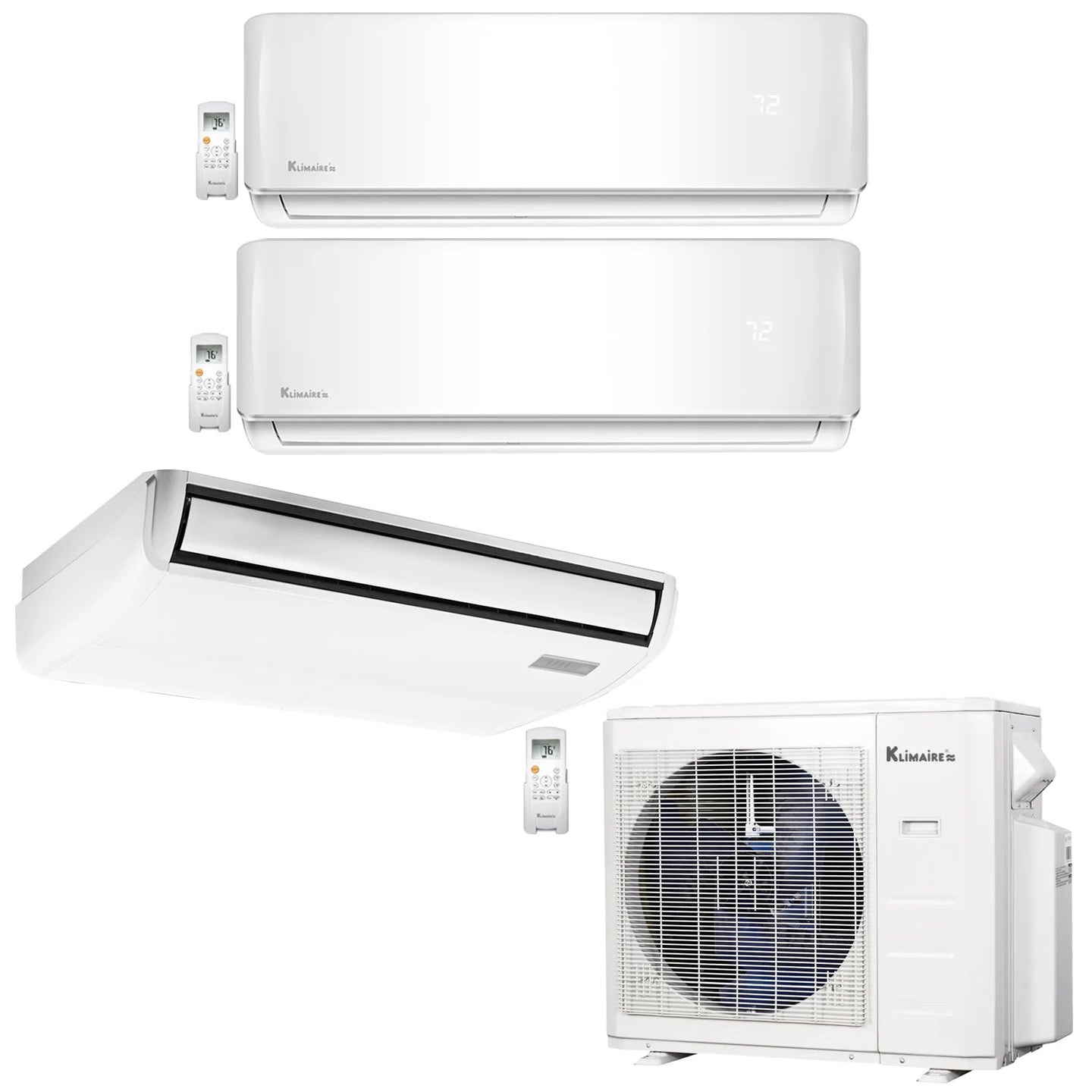 3-Zone Klimaire 23.9 SEER2 Multi Split Wall Mount Floor-Ceiling Air Conditioner Heat Pump System 9+9+24