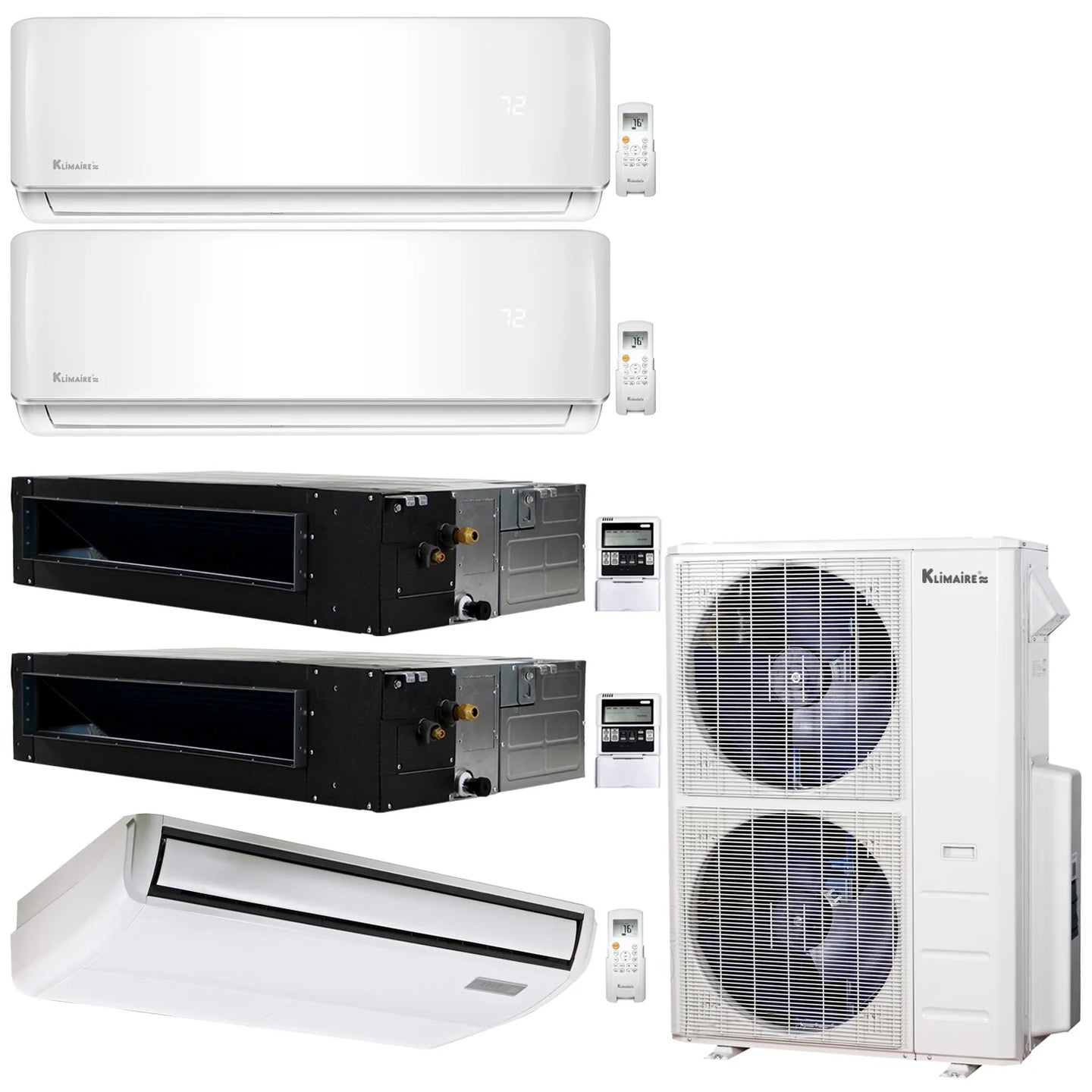 5-Zone Klimaire 20.1 SEER2 Multi Split Wall Mount Ducted Recessed Floor-ceiling Air Conditioner Heat Pump System 9+9+12+12+18