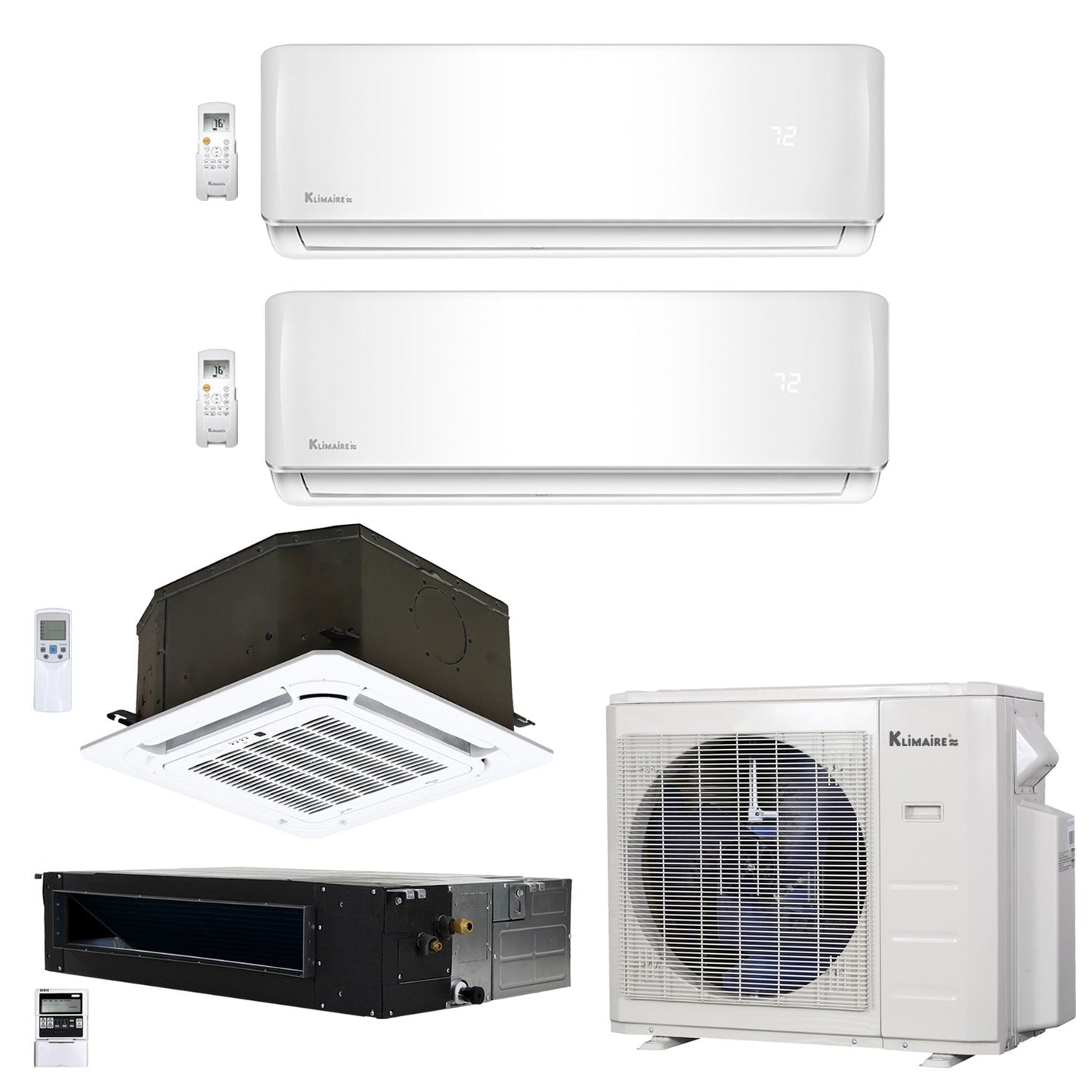 4-Zone Klimaire 21.9 SEER2 Multi Split Wall Mount Ducted Recessed Ceiling Cassette Air Conditioner Heat Pump System 9+9+12+12