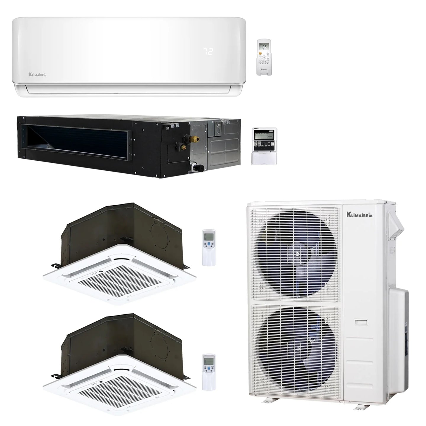 4-Zone Klimaire 21.9 SEER2 Multi Split Wall Mount Ceiling Cassette Ducted Recesssed Air Conditioner Heat Pump System 9+12+12+24