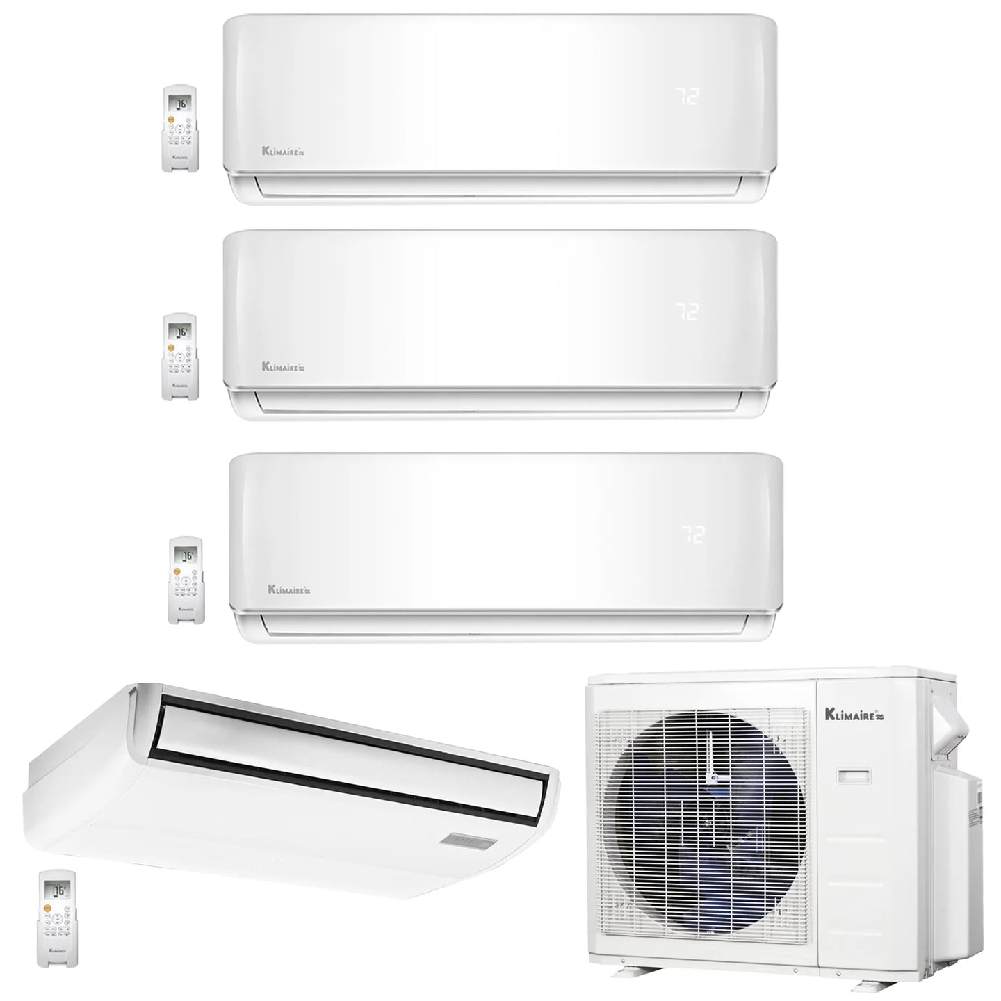 4-Zone Klimaire 23.9 SEER2 Multi Split Wall Mount Floor-Ceiling Air Conditioner Heat Pump System 9+9+12+18