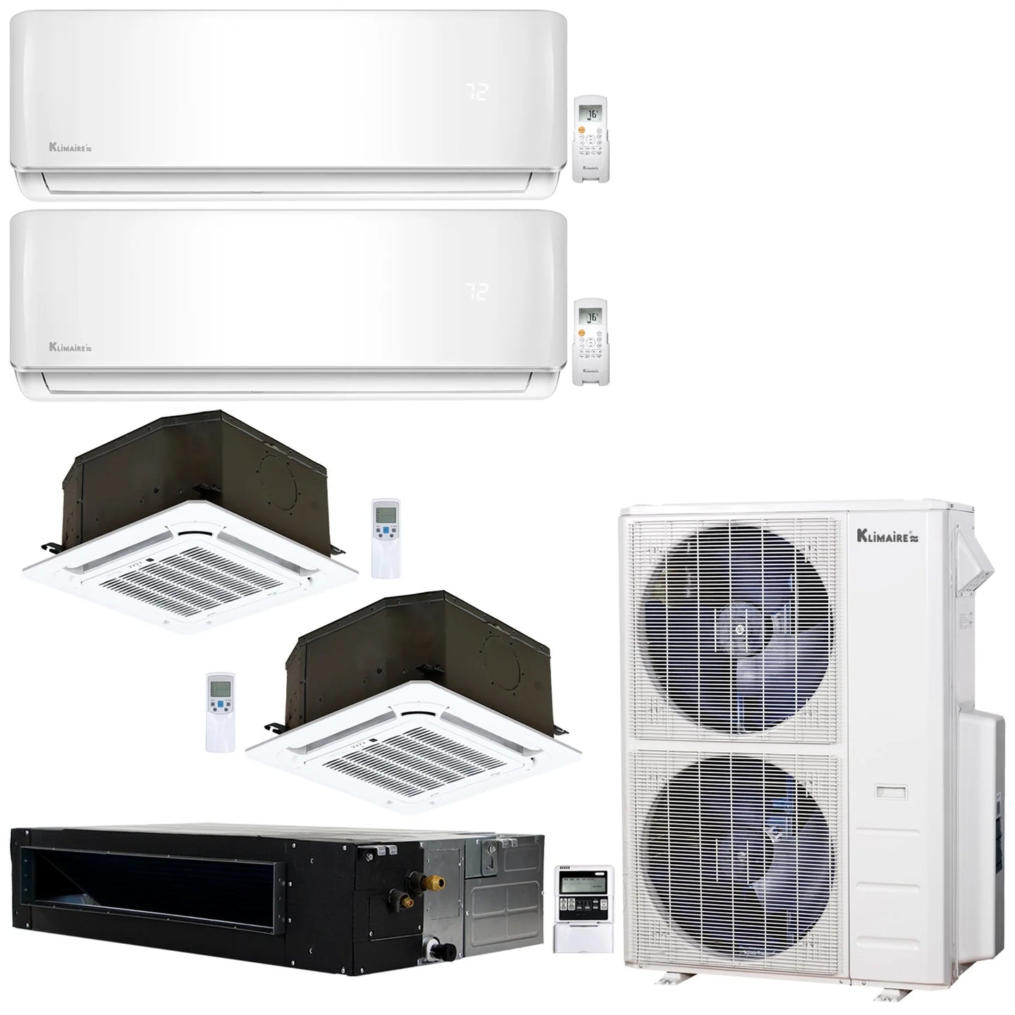 5-Zone Klimaire 20.1 SEER2 Multi Split Wall Mount Ducted Recessed Air Conditioner Heat Pump System 9+9+12+12+18