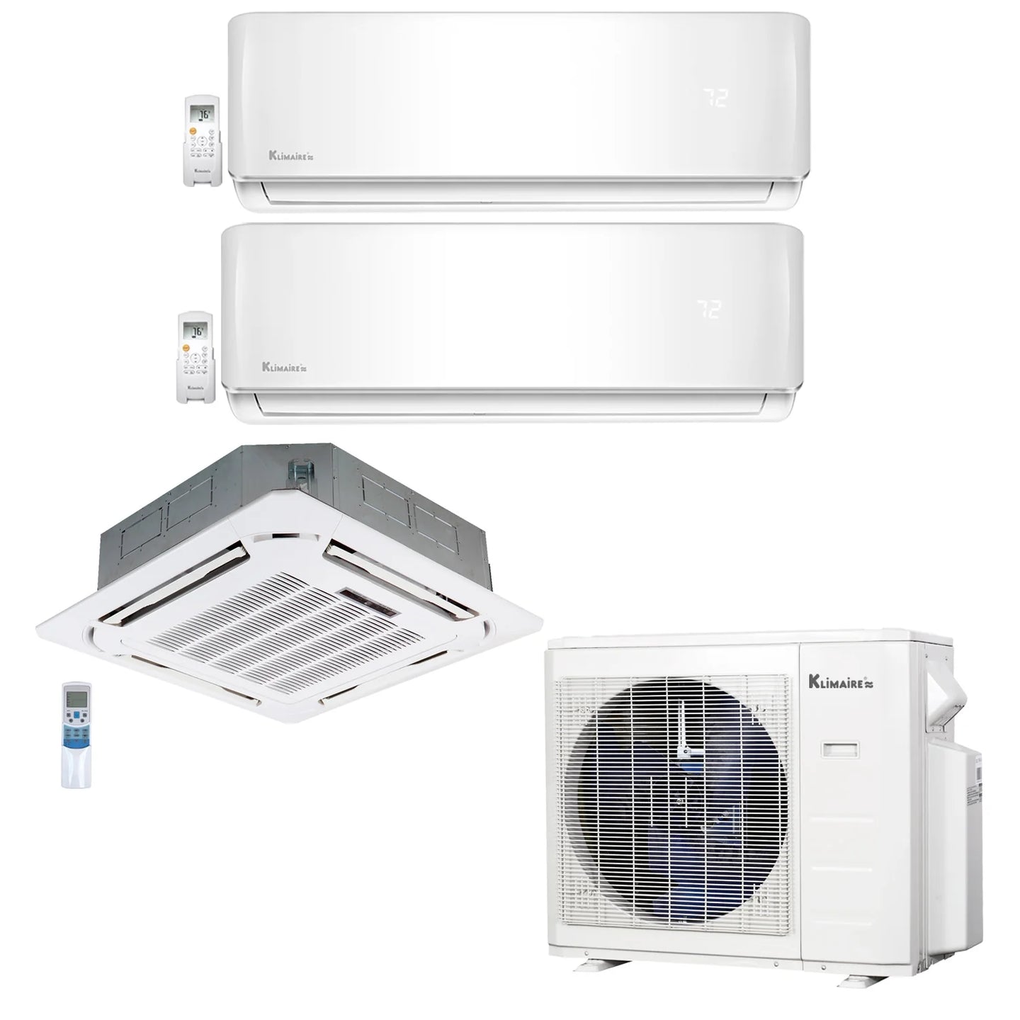 3-Zone Klimaire 23.9 SEER2 Multi Split Wall Mount Ceiling Cassette Air Conditoner Heat Pump System 9+9+24