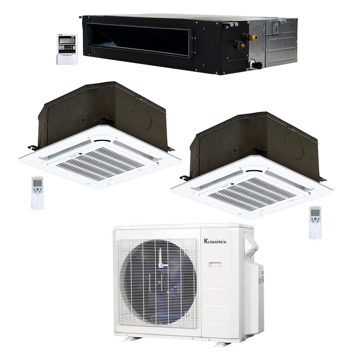 3-Zone Klimaire 21.9 SEER2 Multi Split Ceiling Cassette Ducted Recessed Air Conditoner Heat Pump System 12+12+18