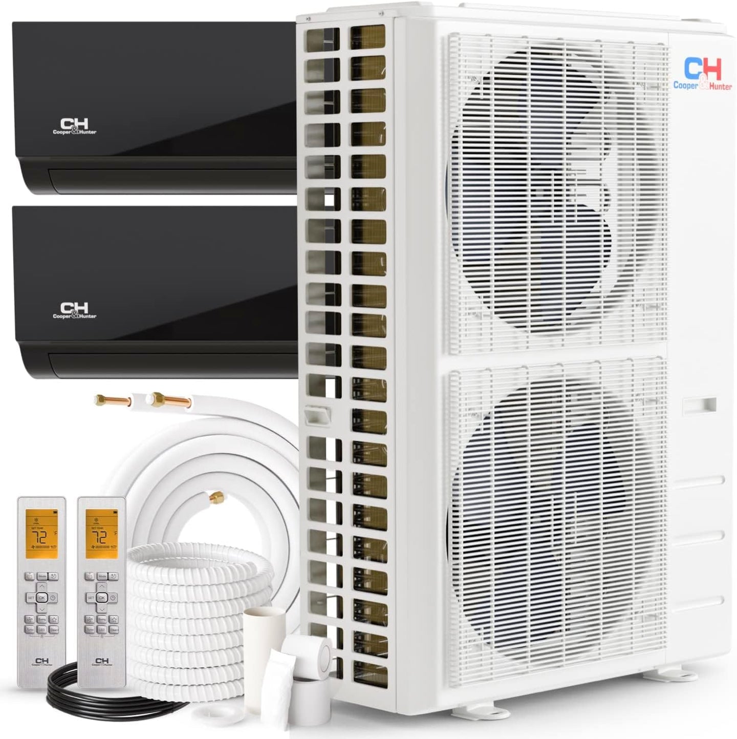 Cooper & Hunter 48,000 BTU Olivia Series, Midnight Edition, Dual Zone Compressor with 24000 + 24000 BTU Wall Mount Air Handlers Ductless Mini Split A/C and Heater Including Installation Kits