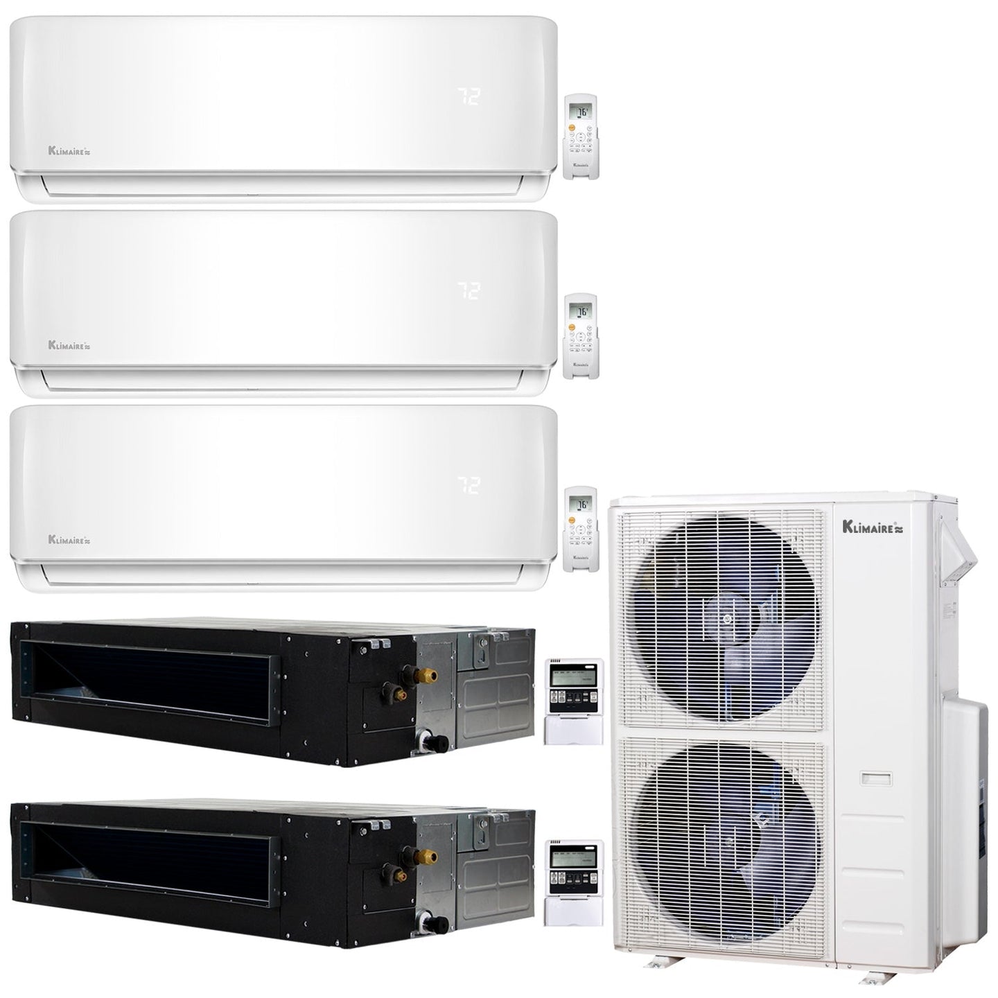 5-Zone Klimaire 20.1 SEER2 Multi Split Wall Mount Ducted Recessed Air Conditioner Heat Pump System 9+9+9+12+12