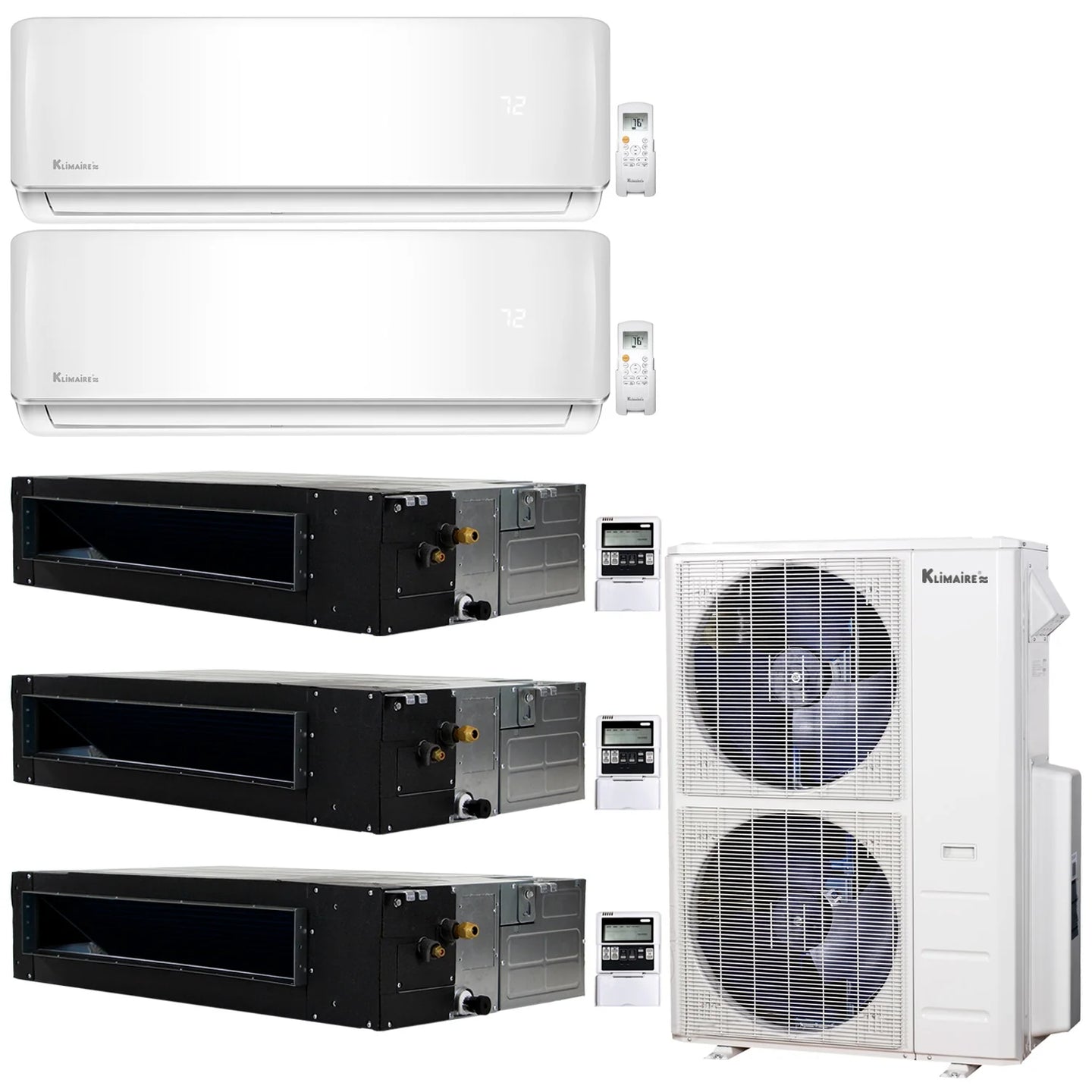 5-Zone Klimaire 20.1 SEER2 Multi Split Wall Mount Ducted Recessed Air Conditioner Heat Pump System 9+9+12+12+18