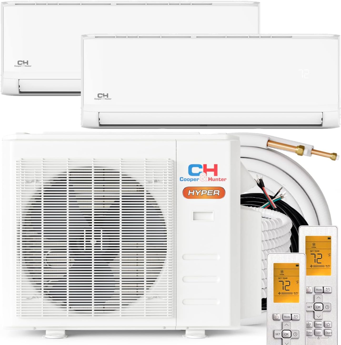 Cooper & Hunter Hyper Heat -22F Dual 2 Zone 9,000 + 9,000 BTU Ductless Mini Split Heat Pump Air Conditioner System Full Set with Two 25FT Installation Kits