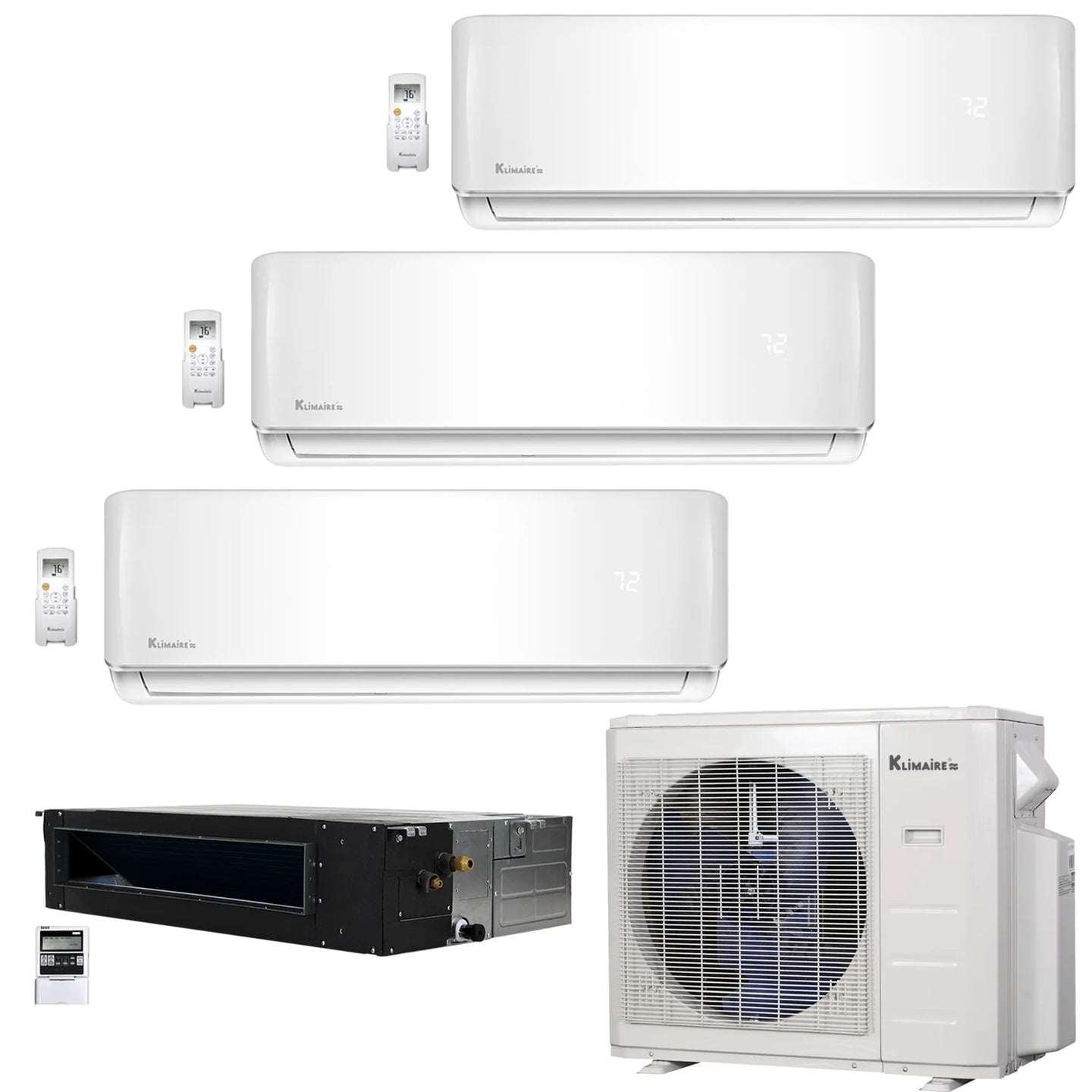 4-Zone Klimaire 21.9 SEER2 Multi Split Wall Mount Ducted Recesssed Air Conditioner Heat Pump System 9+9+9+18