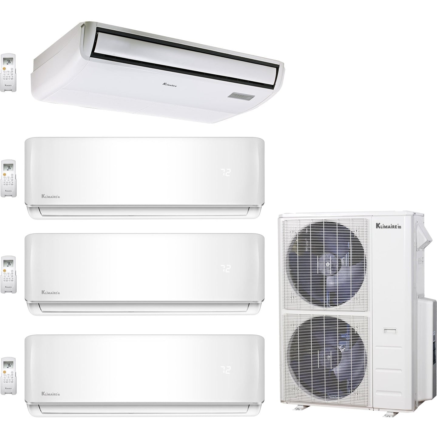 4-Zone Klimaire 23.9 SEER2 Multi Split Wall Mount Floor-Ceiling Air Conditioner Heat Pump System 12+12+12+24