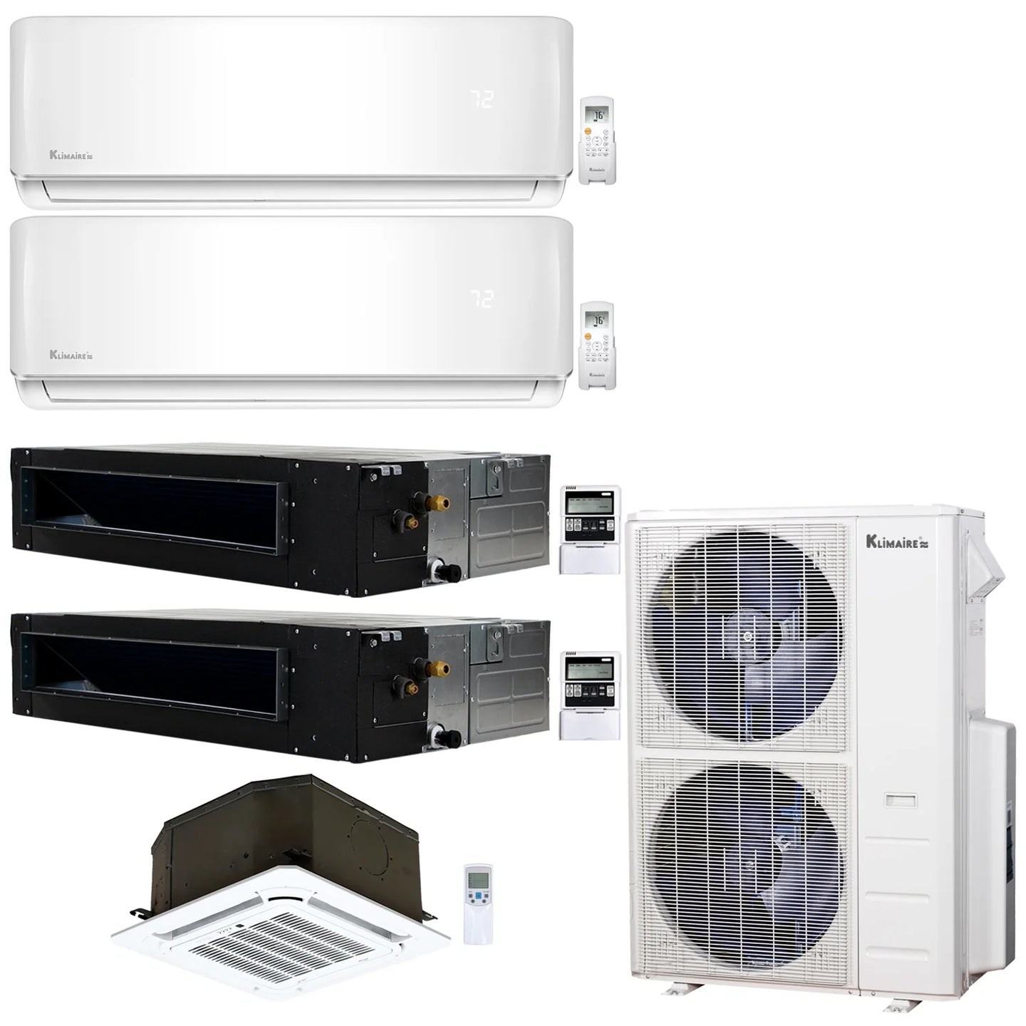 5-Zone Klimaire 20.1 SEER2 Multi Split Wall Mount Ducted Recessed Ceiling Cassette Air Conditioner Heat Pump System 9+9+12+12+18
