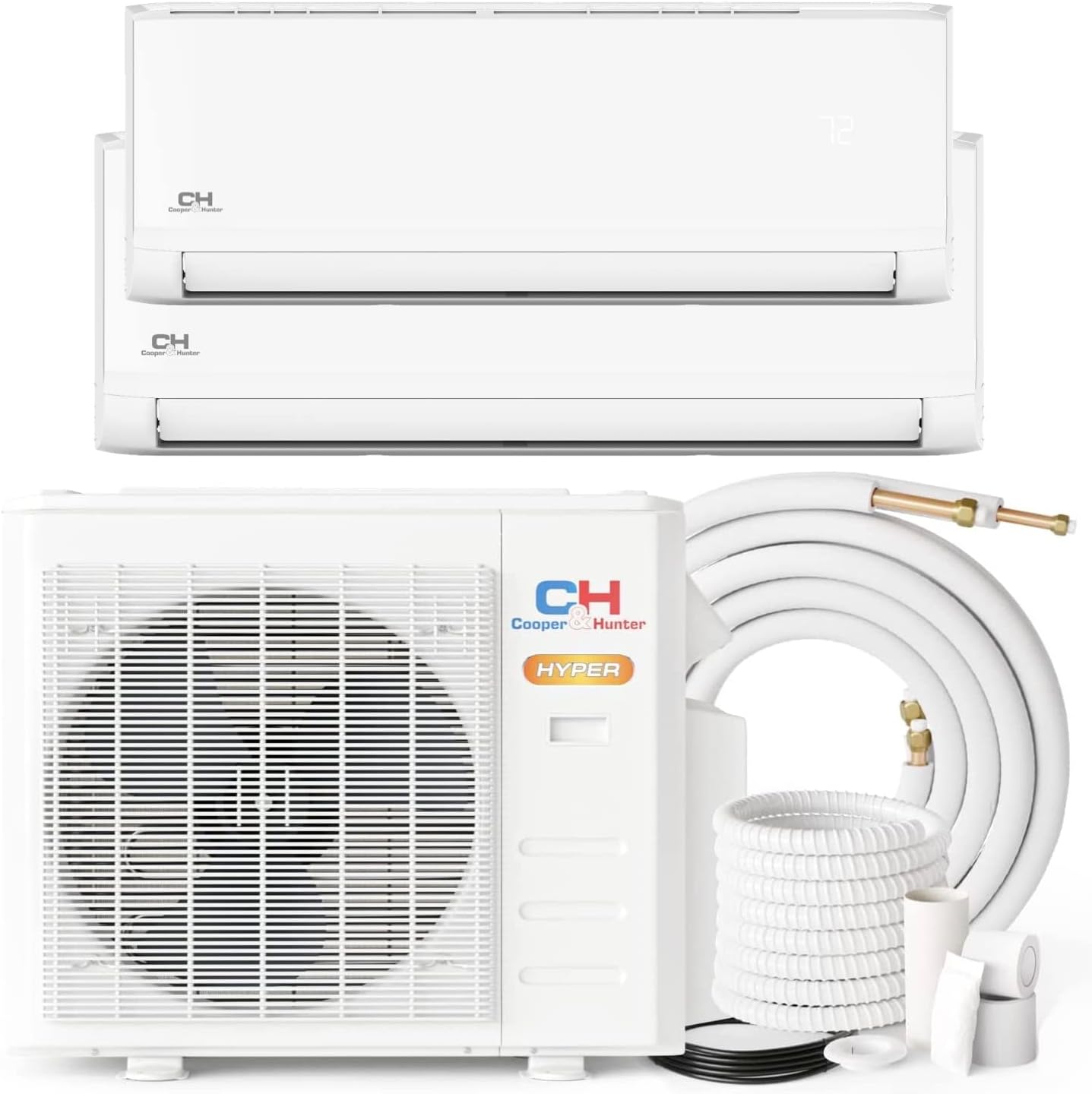 Cooper & Hunter Hyper Heat -22F Dual 2 Zone 12,000 + 18,000 BTU Ductless Mini Split Heat Pump Air Conditioner System Full Set with Two 25FT Installation Kits