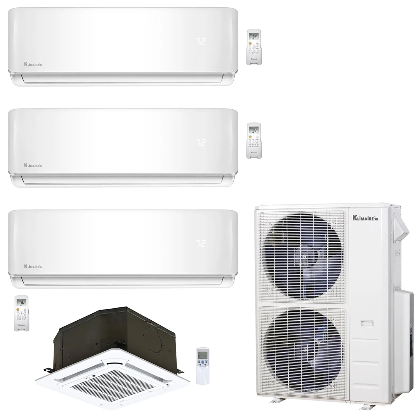 4-Zone Klimaire 23.9 SEER2 Multi Split Wall Mount Ceiling Cassette Air Conditioner Heat Pump System 12+12+12+18