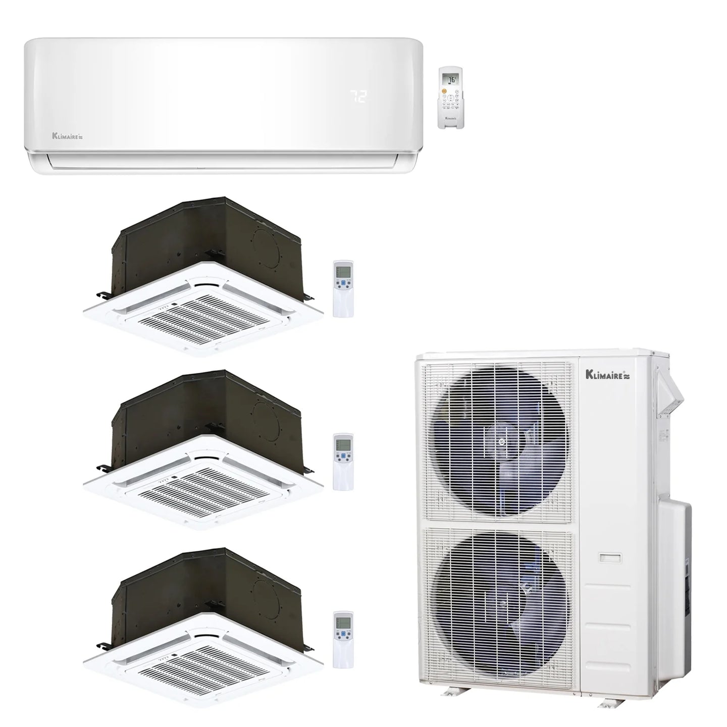 4-Zone Klimaire 23.9 SEER2 Multi Split Wall Mount Ceiling Cassette Air Conditioner Heat Pump System 9+12+18+18