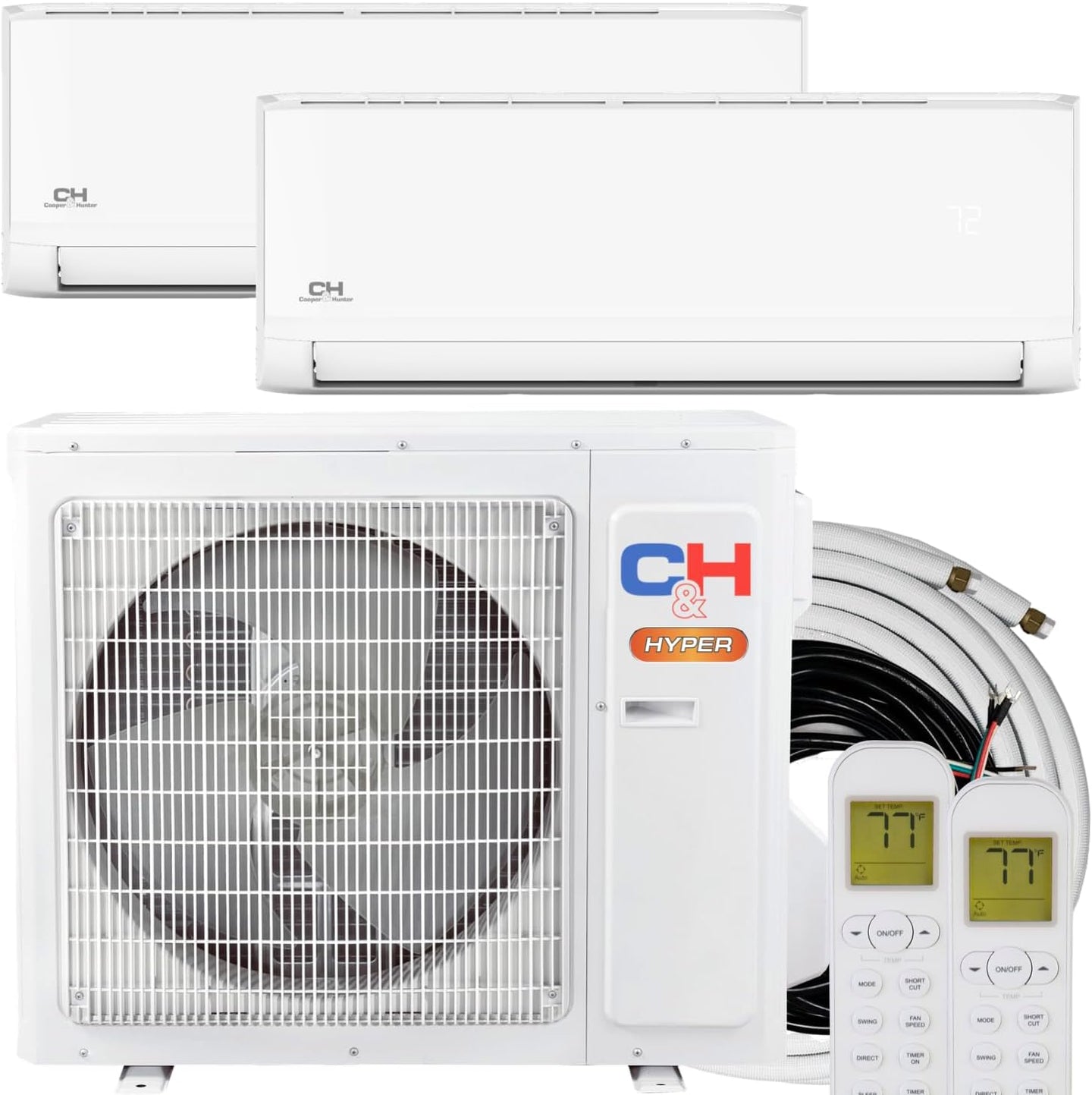 Cooper & Hunter 19,000 BTU Hyper Cooling and Heating Dual 2 Zone 9,000 BTU + 9,000 BTU Wall Mount Ductless Mini Split Heat Pump Air Conditioning System with Installation Kits