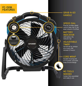 XPOWER FC-150B Dual Power AC/DC Rechargeable 11" Sealed Brushless DC Motor Whole Room Air Circulator Utility Fan