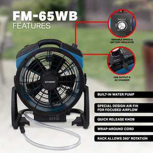 XPOWER FM-65WB Portable Battery Operated Rechargeable Cordless Variable Speed 11" Outdoor Cooling Misting Fan and High Velocity Air Circulator with Built-In Water Pump and Hose