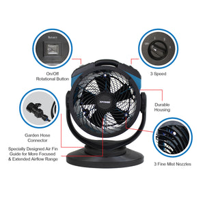 XPOWER FM-68 Oscillating Portable 3 Speed 11" Outdoor Cooling Misting Fan and High Velocity Air Circulator