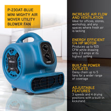 XPOWER P-230AT 1/4 HP 925 CFM Multi-Purpose Mini Mighty Air Mover, Utility Fan, Dryer, Blower with Built-in Power Outlets and Timer - Blue