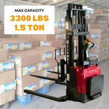 SUNMAX PS3300FE-4M Full-Electric Pallet Stacker – 157" Max Lift Height, 3300 lbs Capacity, Adjustable Legs
