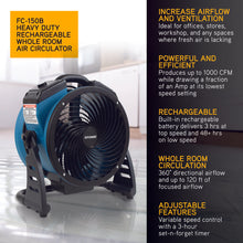 XPOWER FC-150B Dual Power AC/DC Rechargeable 11" Sealed Brushless DC Motor Whole Room Air Circulator Utility Fan