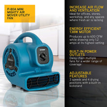 XPOWER P-80A 600 CFM Multi-Purpose Mini Mighty Air Mover, Utility Fan, Dryer, Blower with Built-in Power Outlets - Blue