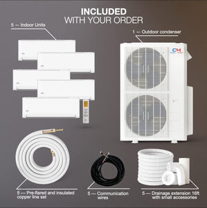 Cooper & Hunter 48,000 BTU OLIVIA Series Five 5 Zone 6000 + 6000 + 9000 + 12000 + 18000 BTU 22.4 SEER Multi Zone Ductless Mini Split Air Conditioner and Heater Full Set with 25ft Installation Kits