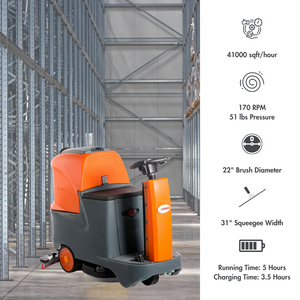 SANITMAX RT70 Ride-On Floor Scrubber, 48000 Sq ft/H Efficiency, 18.5 Gal Tanks, 31-inch Squeegee Width