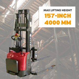 SUNMAX PS3300FE-4M Full-Electric Pallet Stacker – 157" Max Lift Height, 3300 lbs Capacity, Adjustable Legs