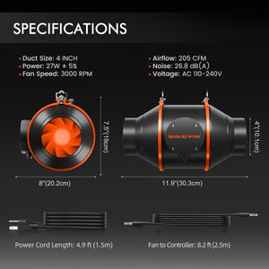 Spider Farmer 4-Inch 205 CFM Inline Fan Kits with Speed Controller Grow Tent Ventilation System